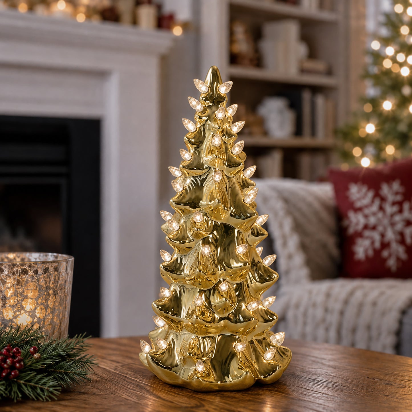 13" Gold Christmas Tree with Clear Lights