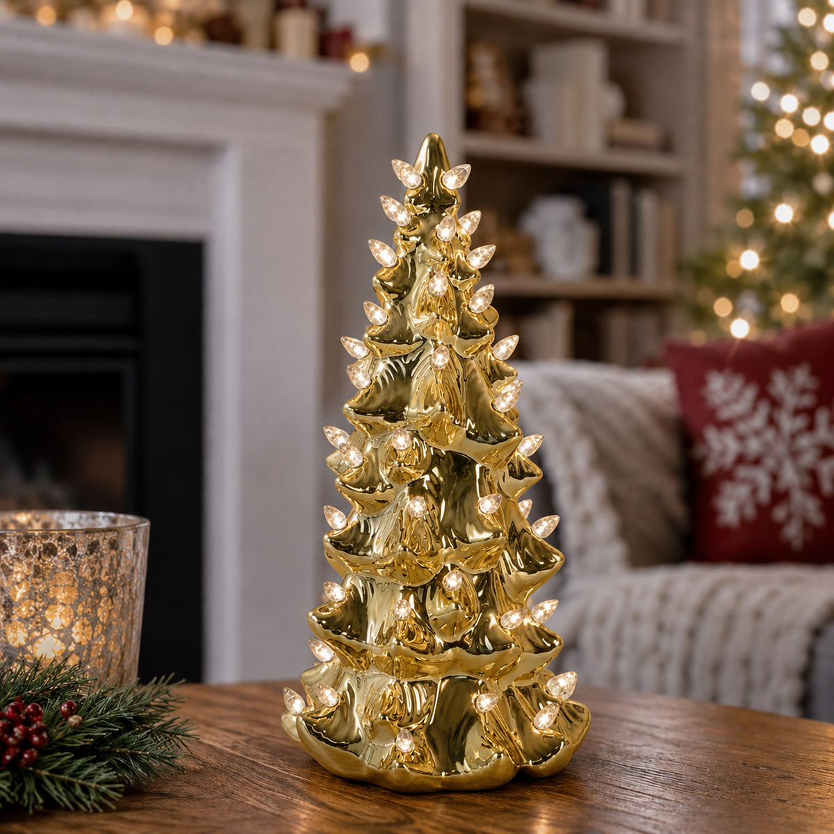 13" Gold Christmas Tree with Clear Lights