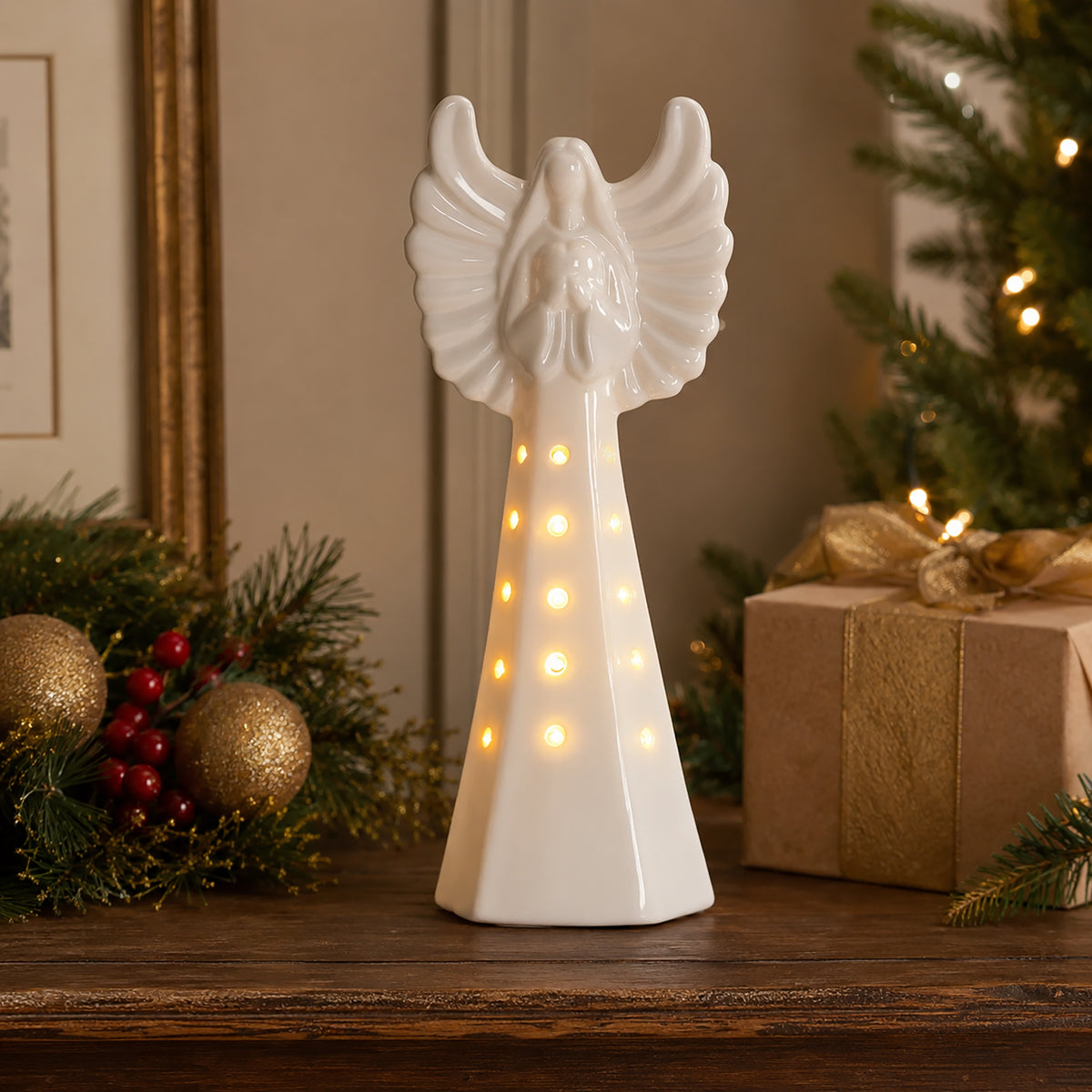 White Ceramic Angel High Gloss Light Up