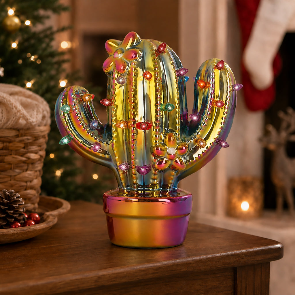 Iridescent Lighted Ceramic Christmas Cactus
