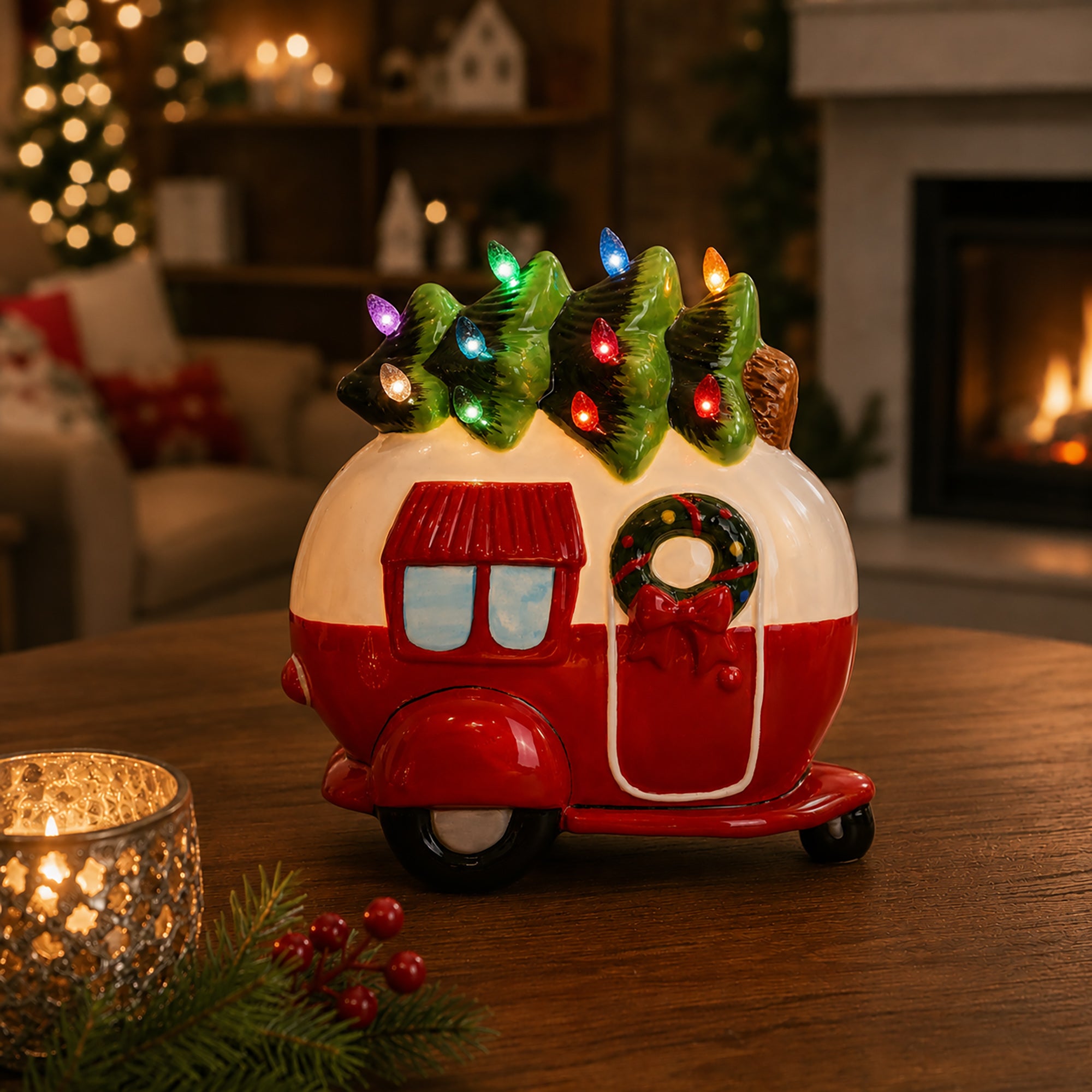 Ceramic Christmas Camper with Christmas Tree Lights