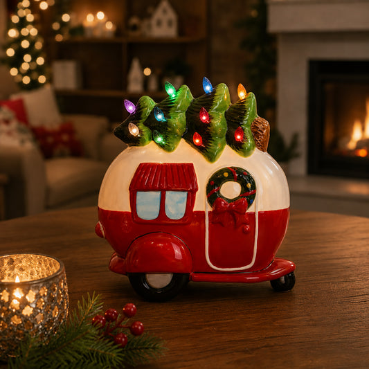 Ceramic Christmas Camper with Christmas Tree Lights