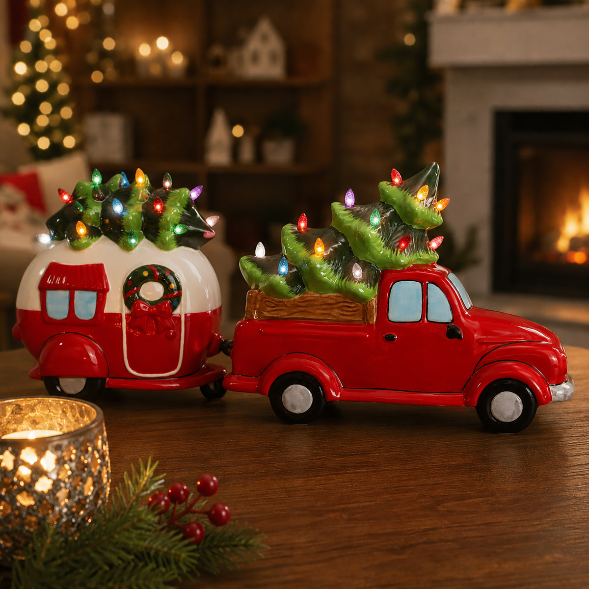 Ceramic Christmas Camper with Christmas Tree Lights