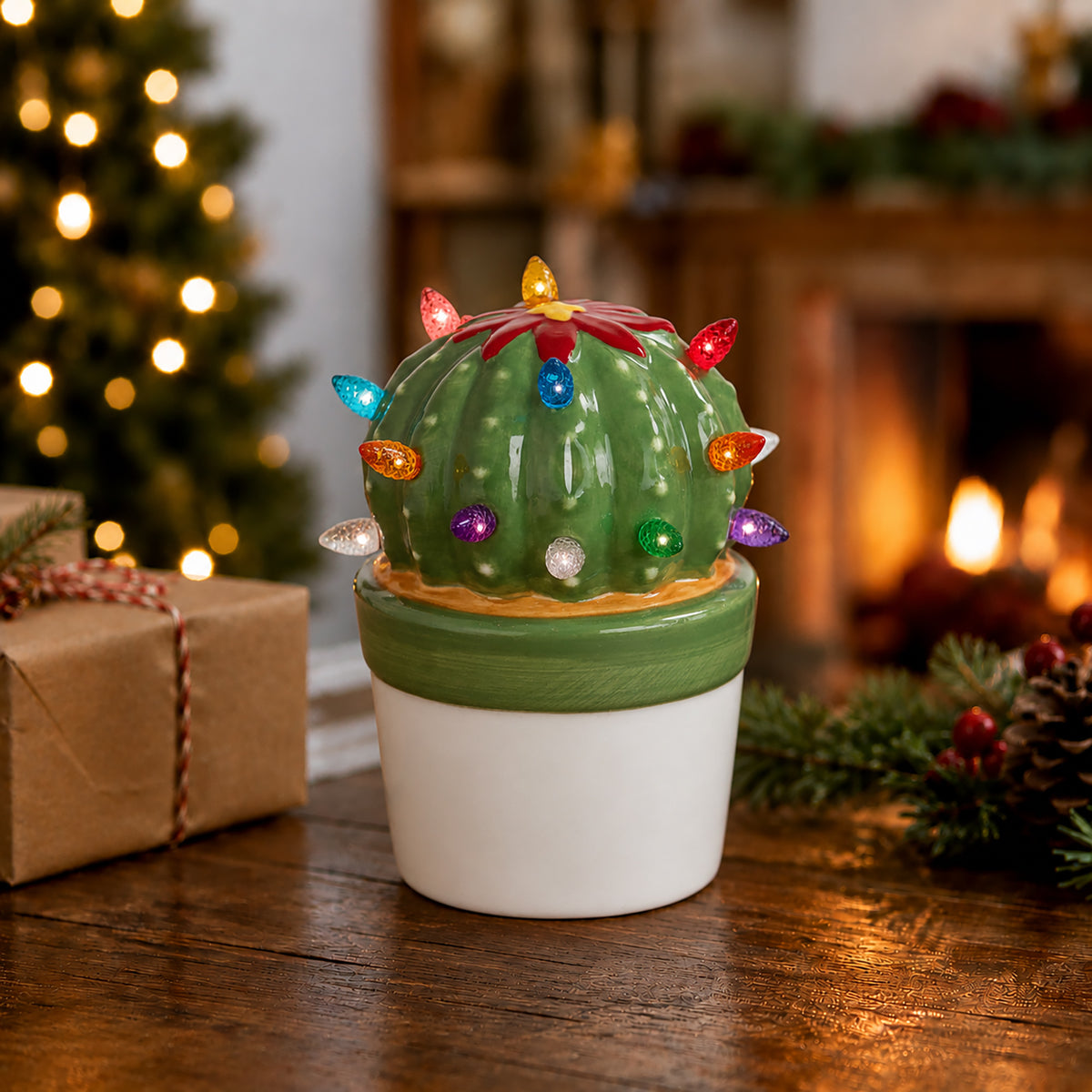 Ceramic Christmas Cactus Ball with Lights