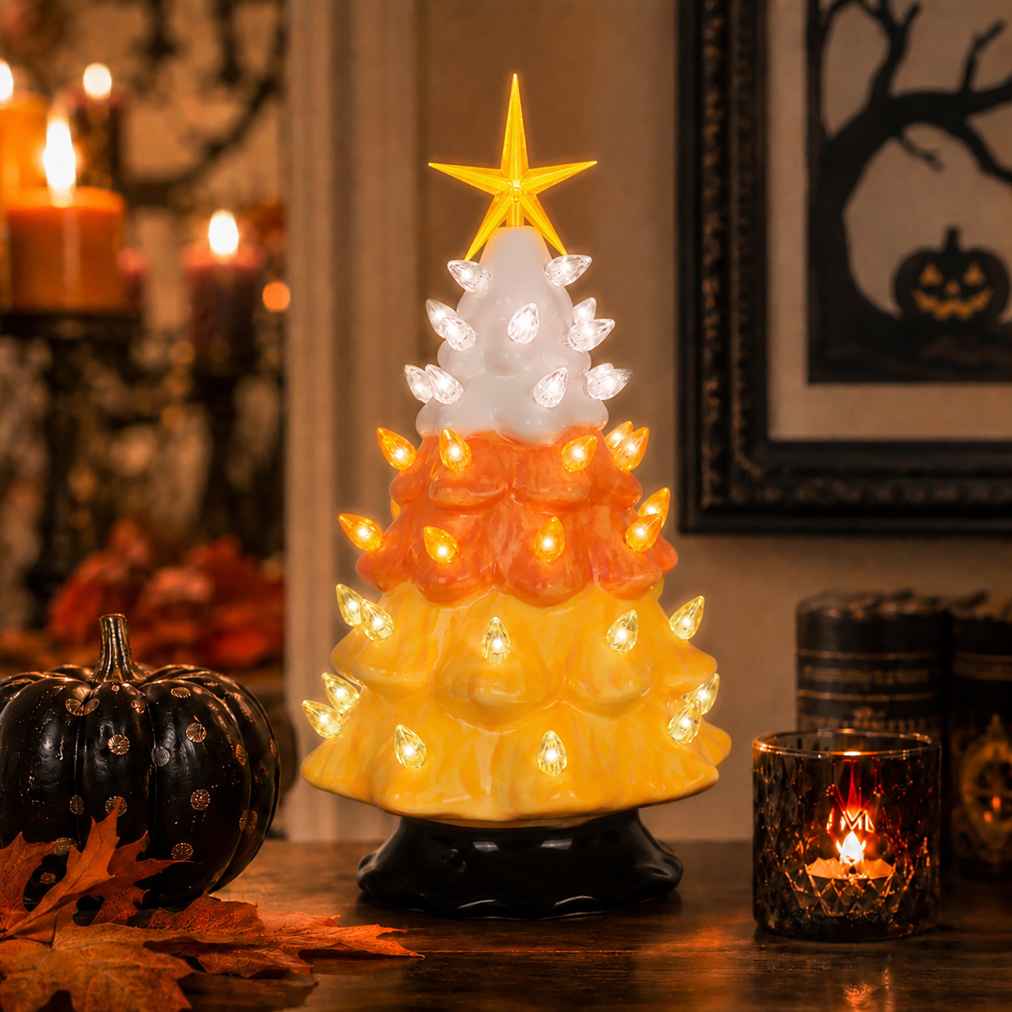 Lighted Ceramic Christmas Tree - Candy Corn - Medium
