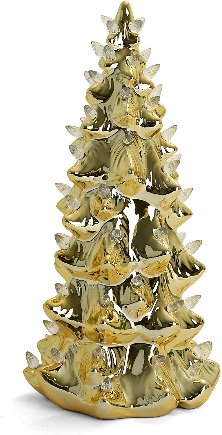 13" Gold Ceramic Christmas Tree with Lights