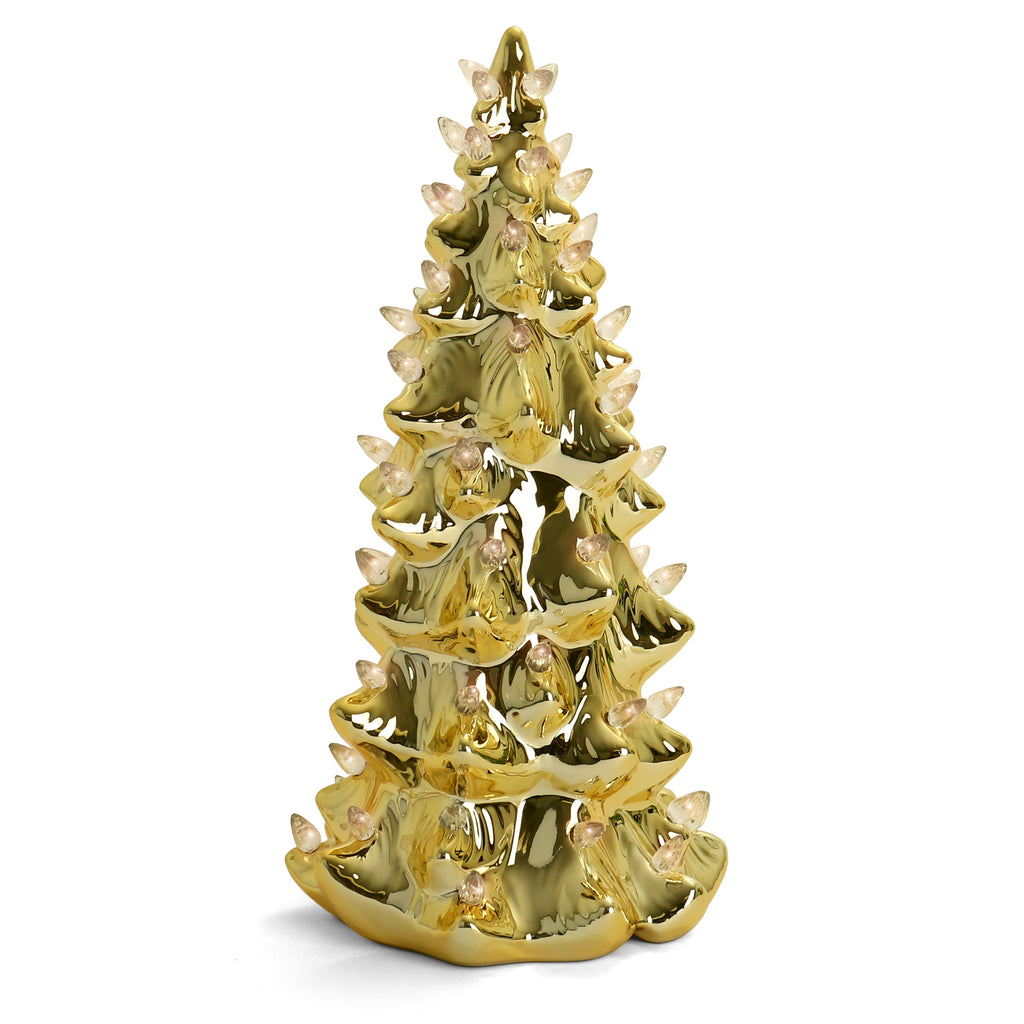 13" Gold Ceramic Christmas Tree with Lights